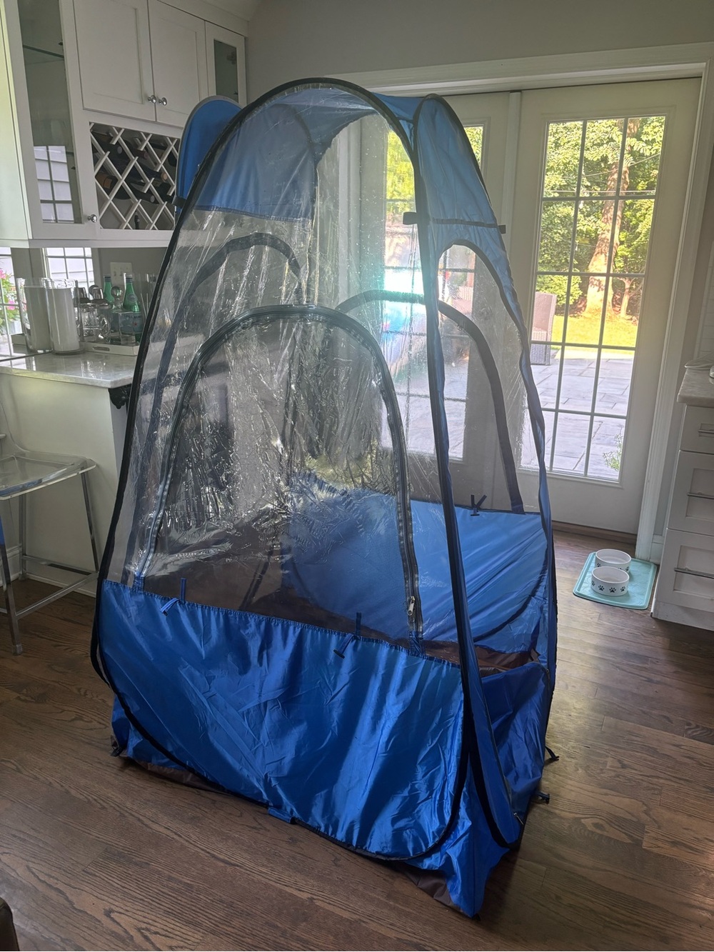 Blue Pop-Up all weather tent with Clear Mesh Panels/ bought for watching sports